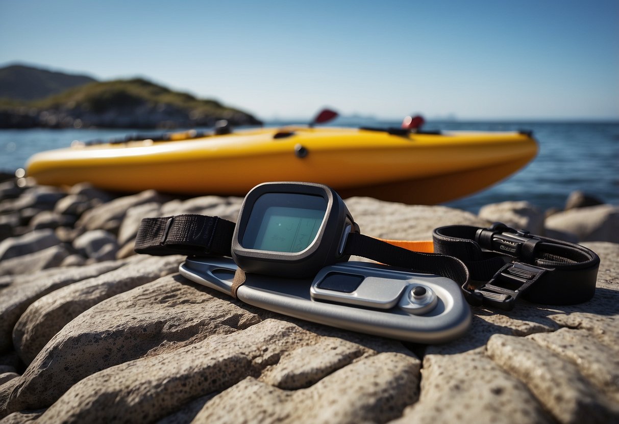 A paddle jacket lies next to essential navigation tools on a rocky shore, ready for a paddling trip