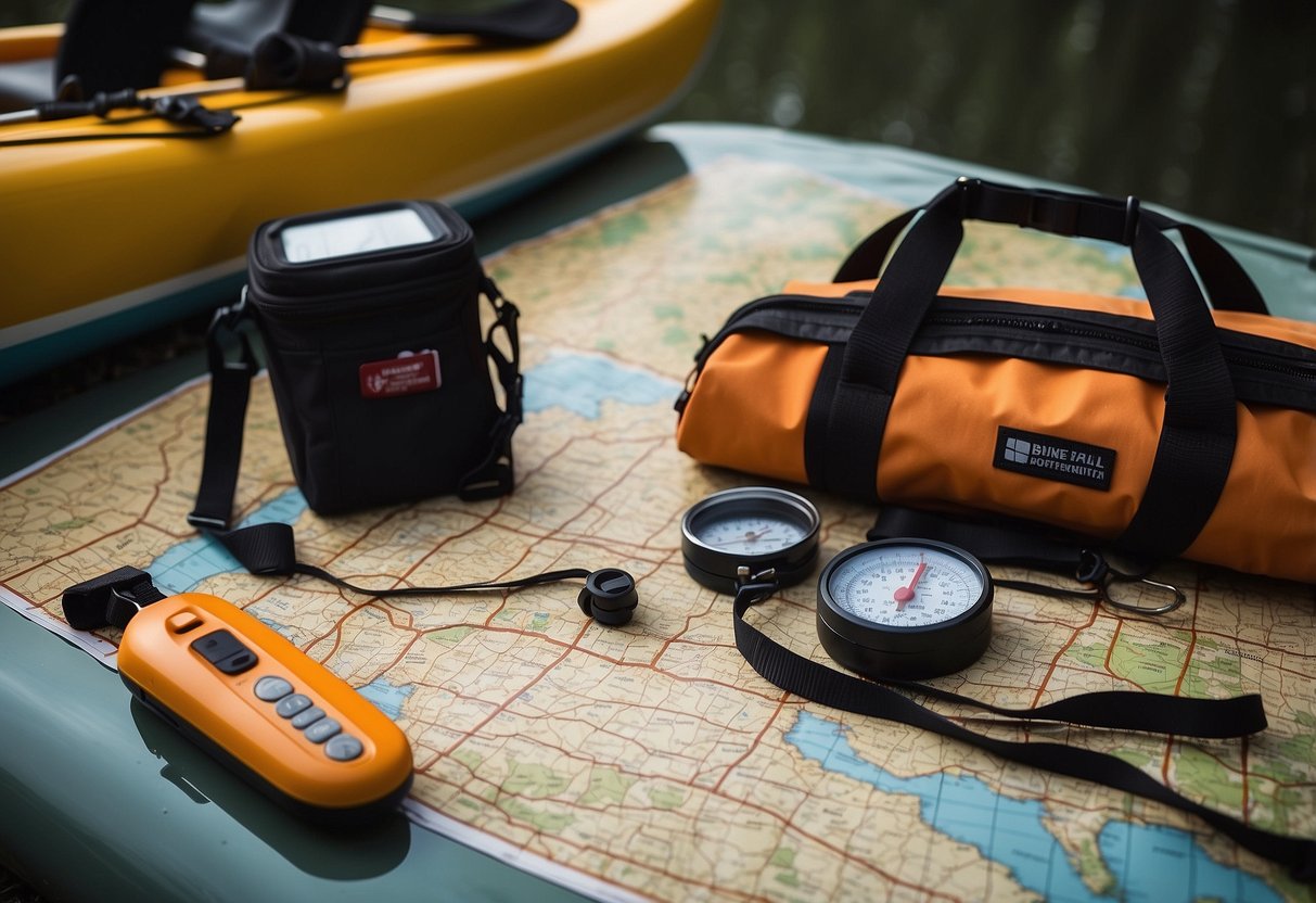 A canoe paddle lies on a map, compass, and GPS. A waterproof bag, whistle, and flashlight sit nearby. A first aid kit and multi-tool complete the scene