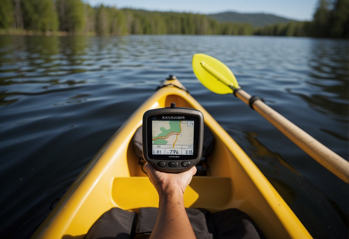 A kayaker uses a SPOT Gen4 GPS device to navigate through a winding river. The device is attached to the kayak and displays the paddler's location on a clear, sunny day