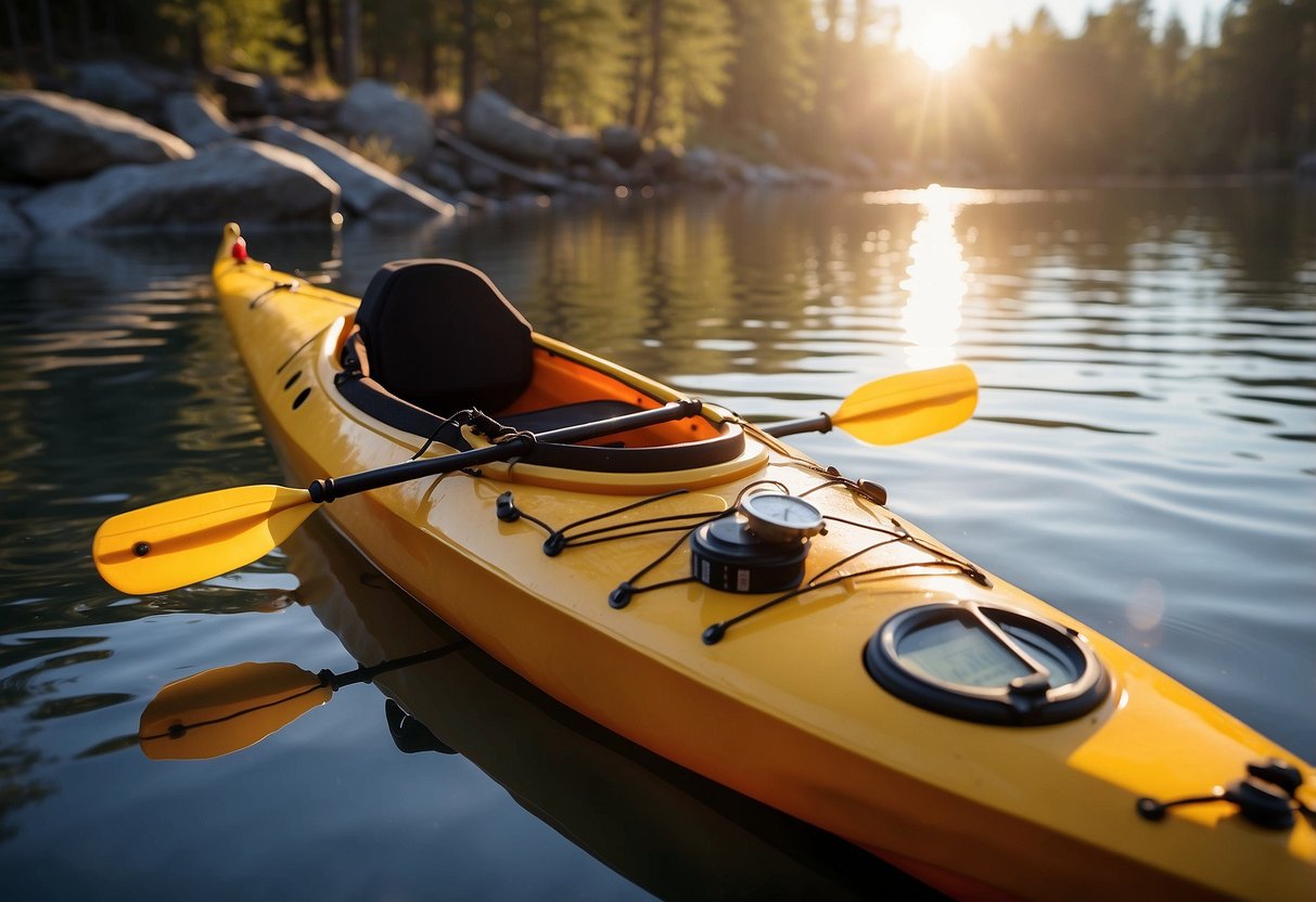 A kayak sits on calm water, surrounded by a map, compass, GPS, and other essential navigation tools. The sun shines overhead, casting a warm glow on the scene