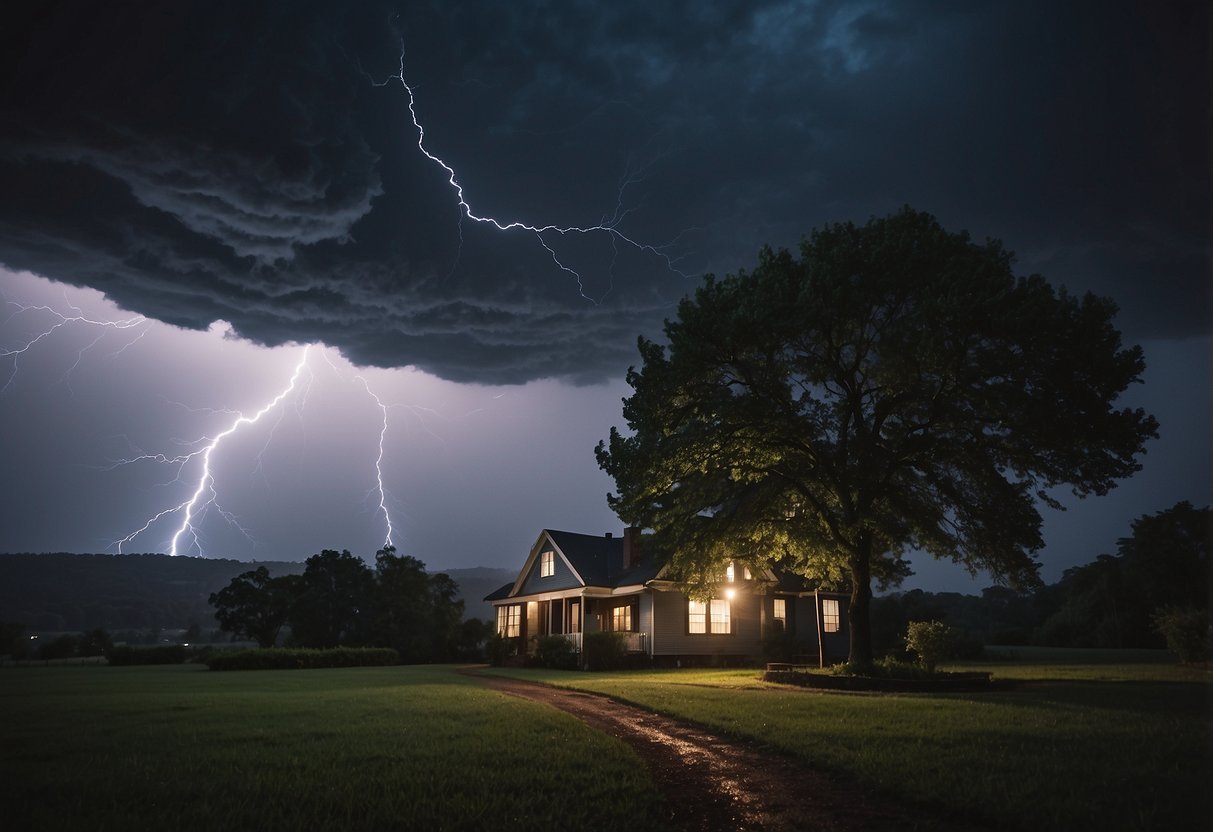 Dark clouds loom overhead as lightning strikes in the distance. A tree bends under the force of strong winds, while rain pours down heavily. A house stands sturdy, with shutters closed and a flashlight glowing inside