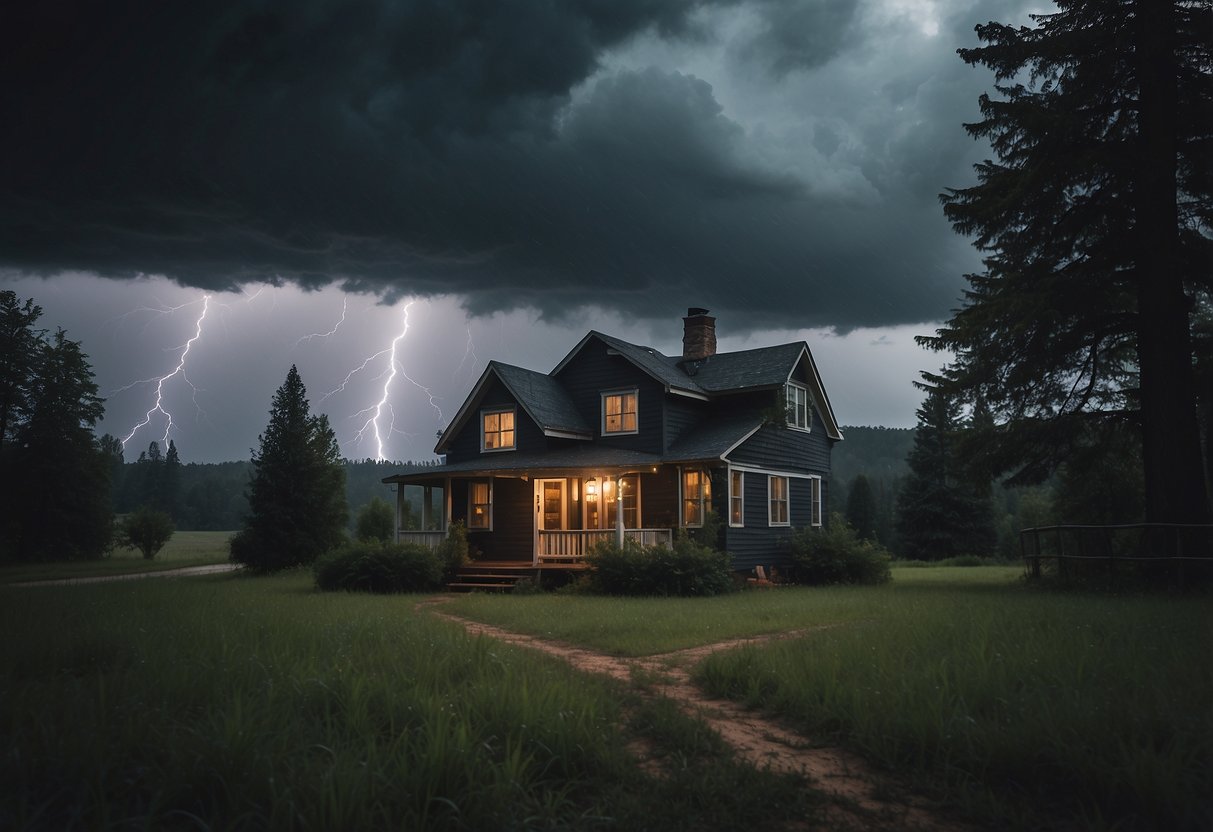 A dark stormy sky looms overhead, with lightning flashing and rain pouring down. A sturdy house stands in the background, surrounded by trees swaying in the strong wind