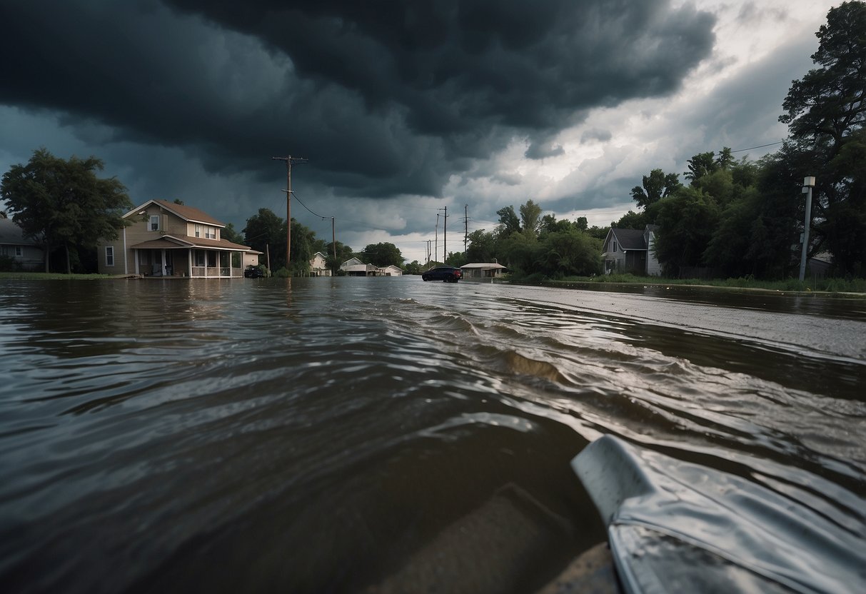 Dark storm clouds loom over a flooded street. Debris and trash float in the water. A warning sign is half-submerged