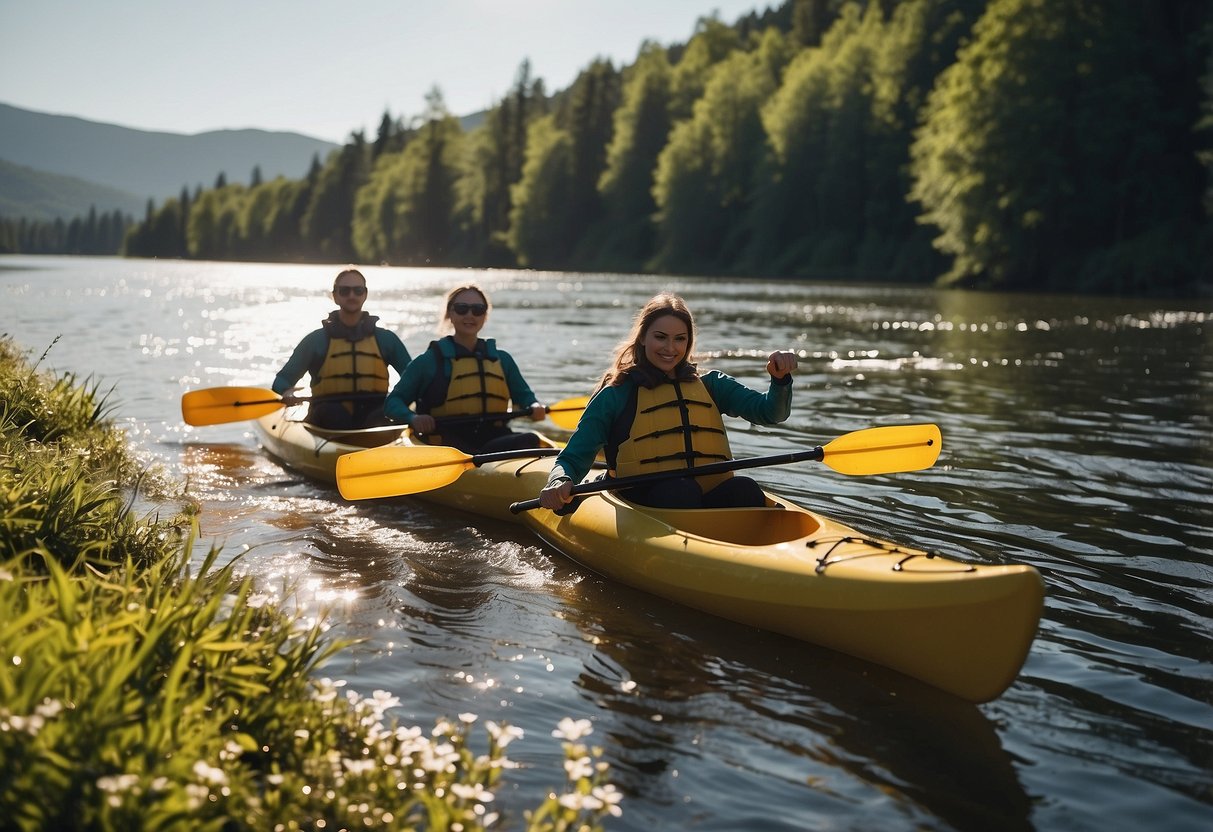 A group of kayakers paddling on a calm river, wearing lightweight jackets. The sun is shining, and the jackets are sleek and comfortable