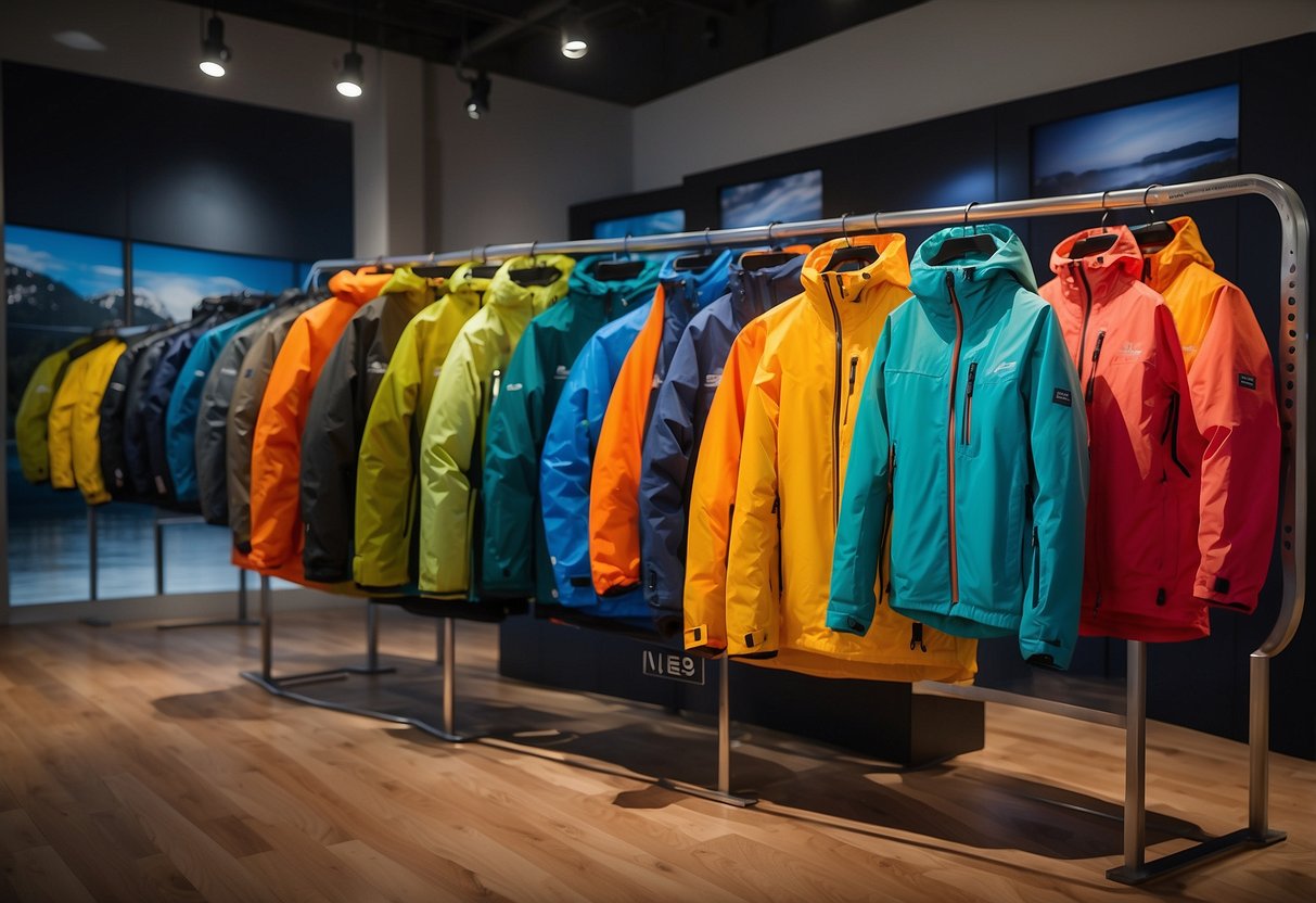 A bright, modern outdoor store display showcases Level Six Neo 5 lightweight paddling jackets in various colors and sizes