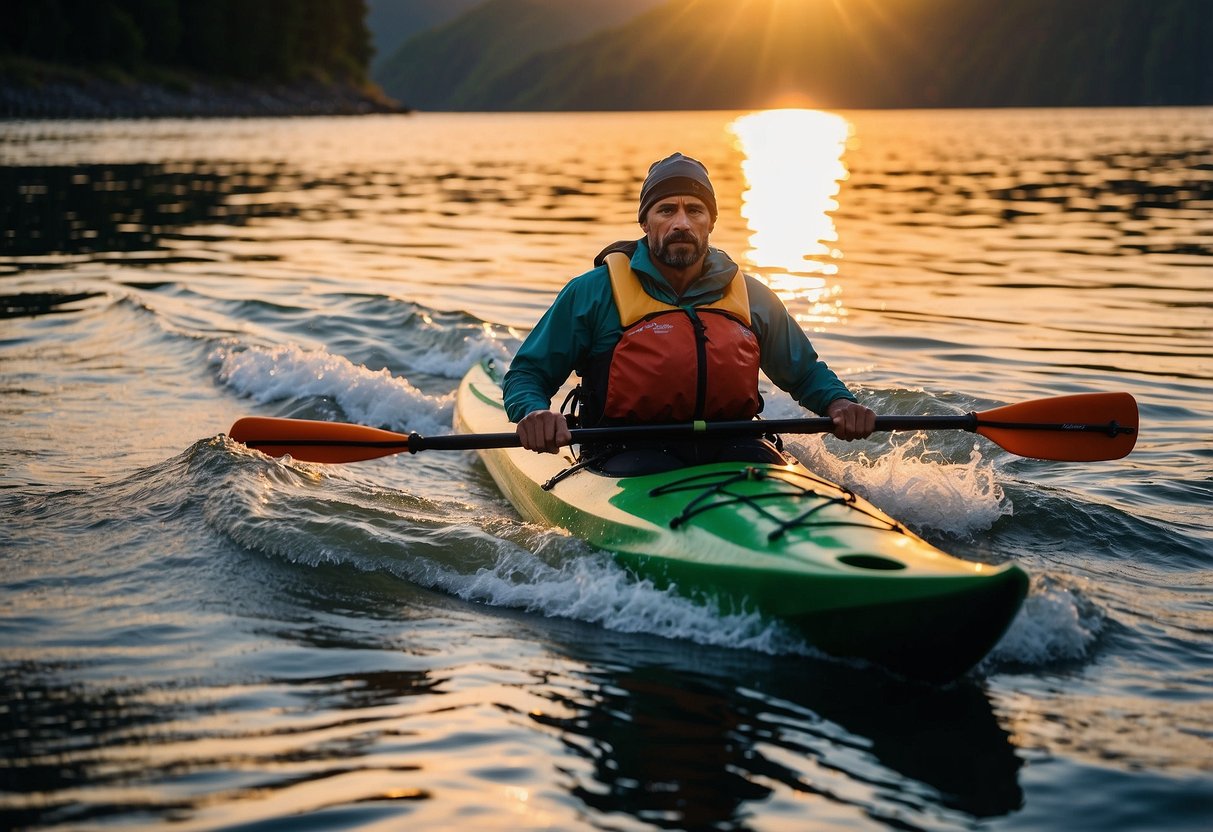 A kayaker paddles through rough waters, wearing a Stohlquist Torrent 5 lightweight jacket, with the sun setting behind them