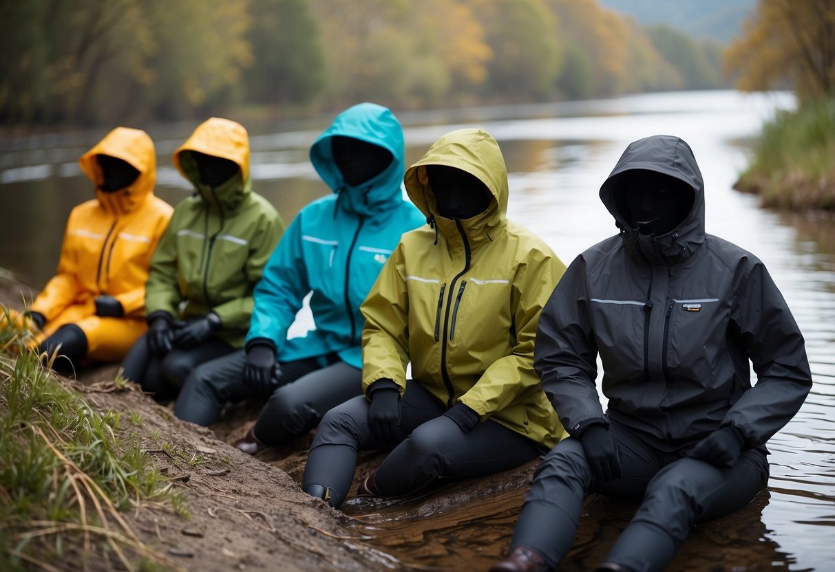 A riverbank with 5 lightweight paddling jackets laid out, each showcasing key features such as waterproof material, adjustable cuffs, and reflective details