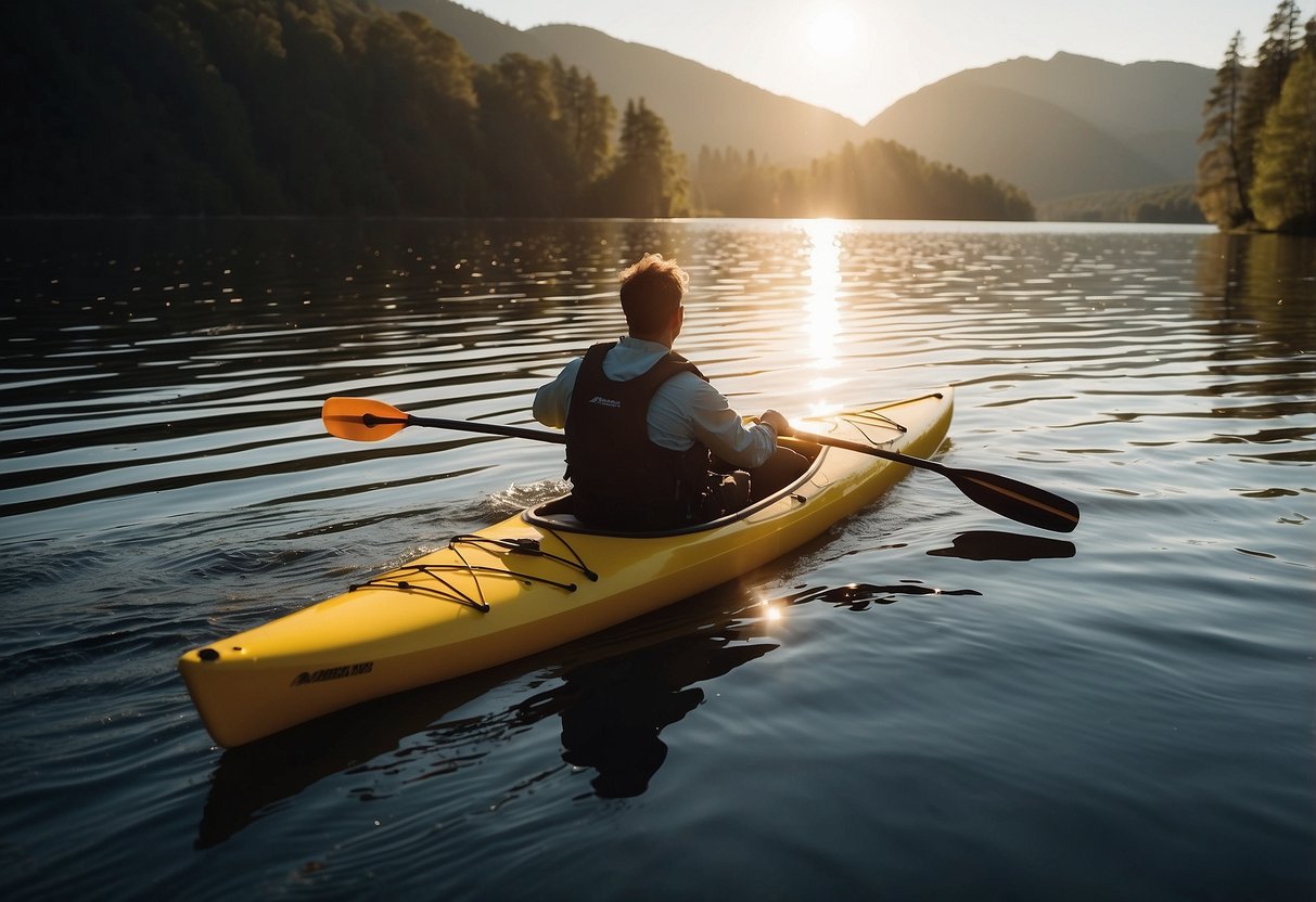 A paddler wearing a lightweight jacket, paddling on calm water with the sun shining overhead. The jacket is compact and easy to move in