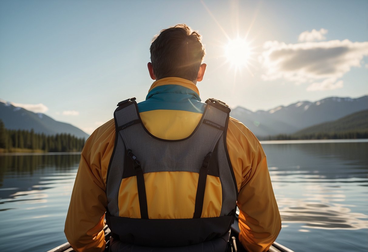 A kayaker stands by the water, holding a lightweight paddling jacket. The sun shines as they inspect the jacket's features, considering the best choice for their next adventure