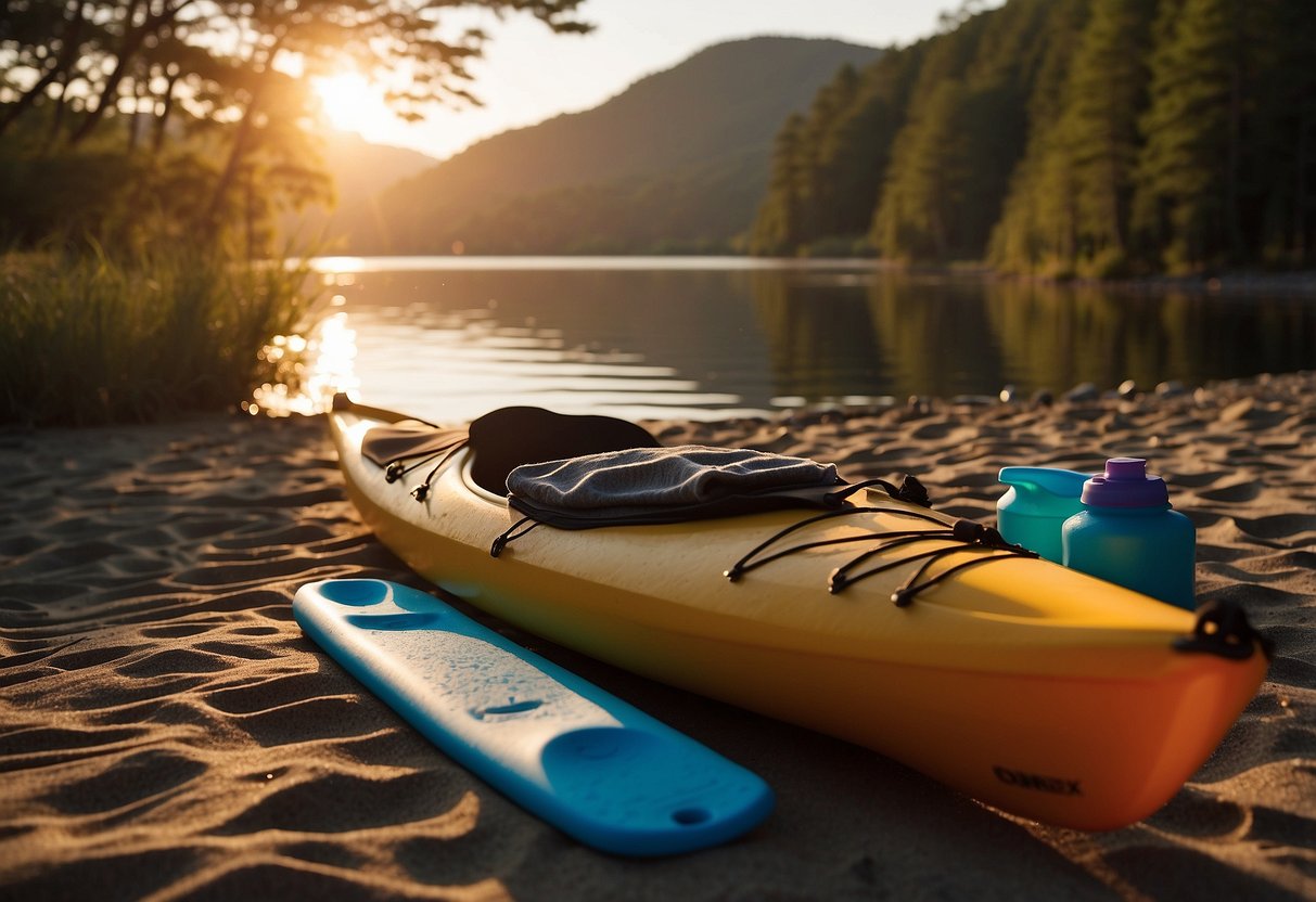 A kayak sits on a calm shore with a paddle resting beside it. A water bottle and snack are nearby, along with a foam roller and yoga mat. The sun sets in the distance, casting a warm glow over the scene