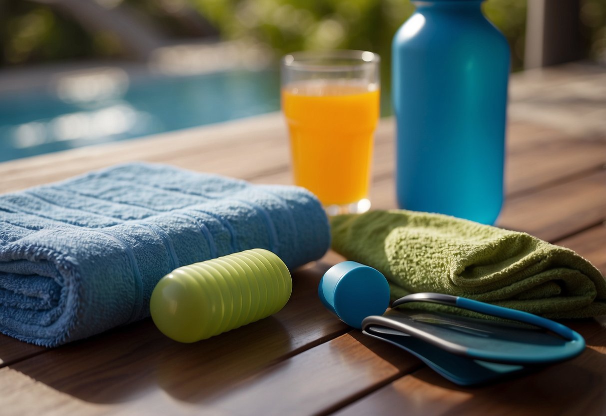 A paddle resting against a water bottle and a towel, with a foam roller and stretching mat nearby. A journal and healthy snacks sit on a table