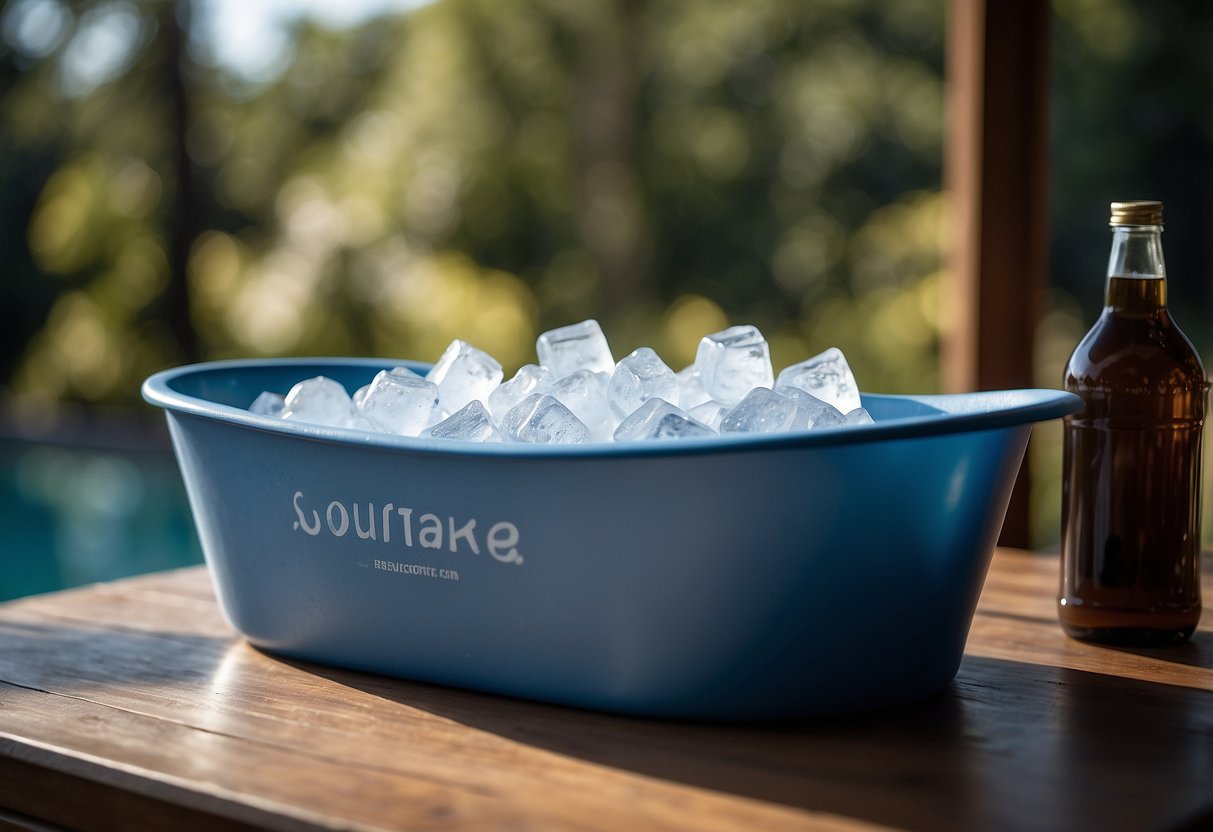 A large tub filled with ice and water, with a paddle resting against the side. A towel and a bottle of recovery drink sit nearby