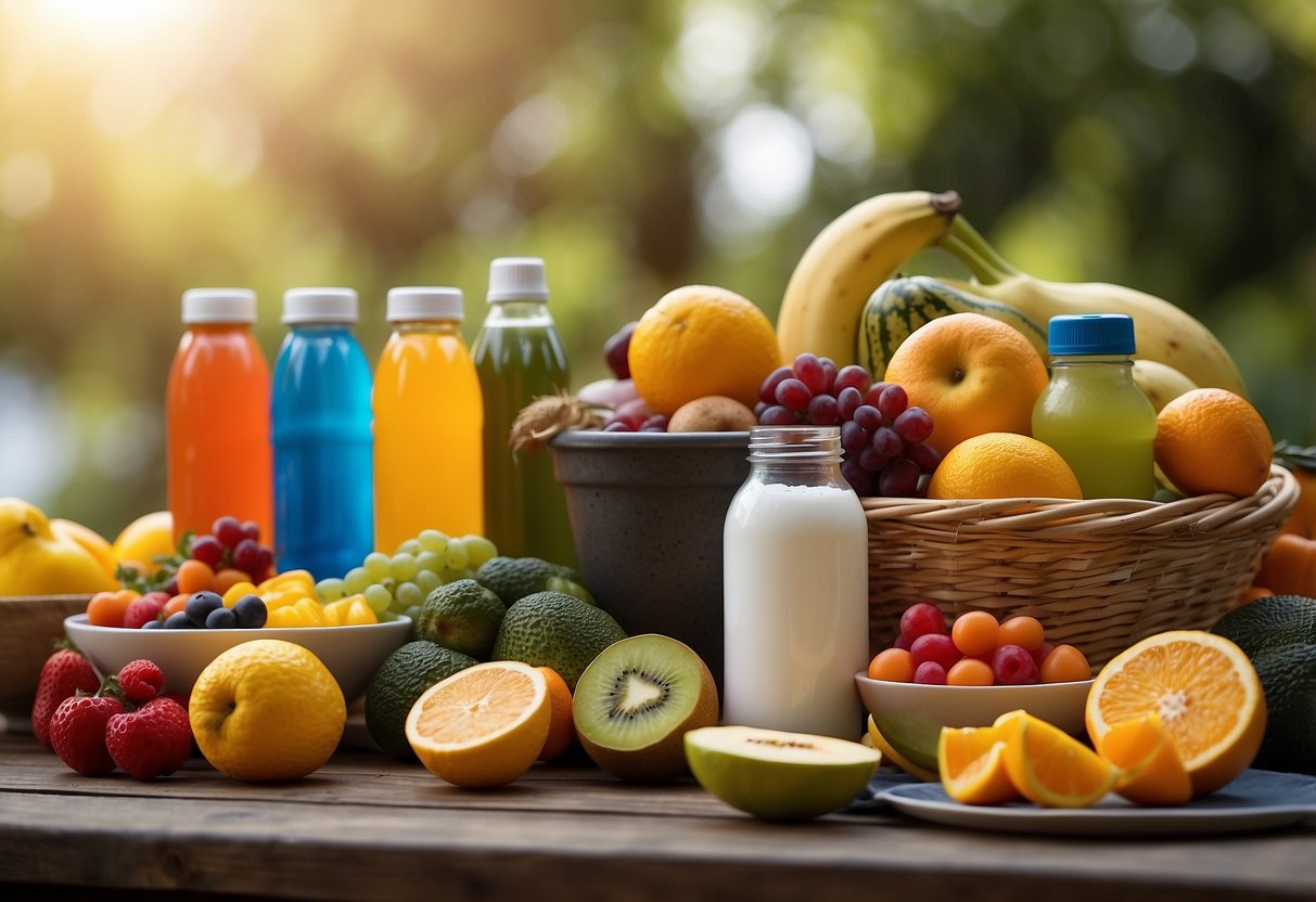 A colorful array of fruits, vegetables, lean proteins, and whole grains arranged on a table. Water bottles and electrolyte drinks nearby. A paddler's gear and equipment in the background