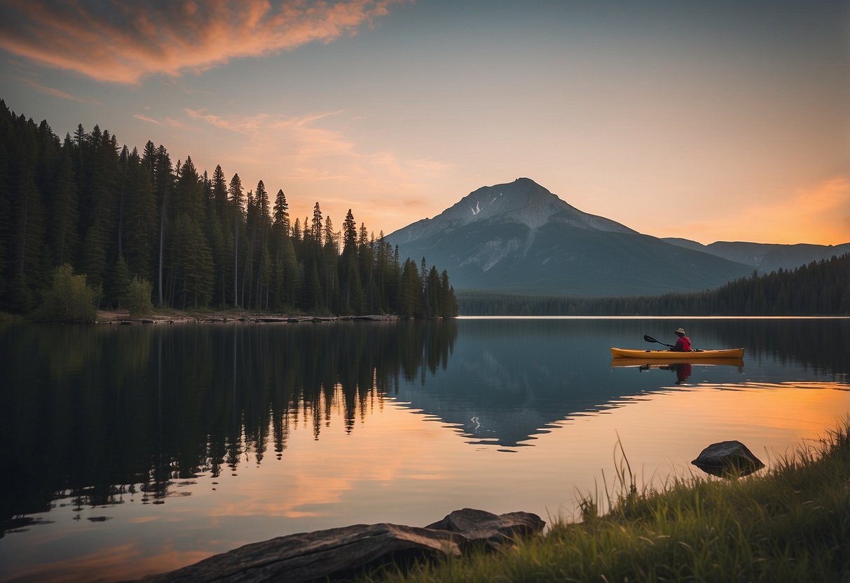 A serene lake at sunset, with a kayak resting on the shore and a campfire flickering nearby. The air is still and calm, creating a peaceful atmosphere for post-trip recovery