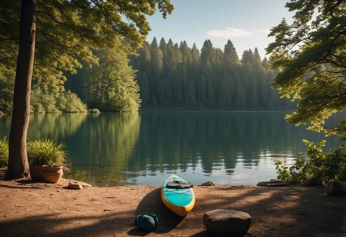 A serene lake surrounded by lush greenery, with a paddleboard resting on the shore. A yoga mat is laid out nearby, and a peaceful atmosphere envelops the scene