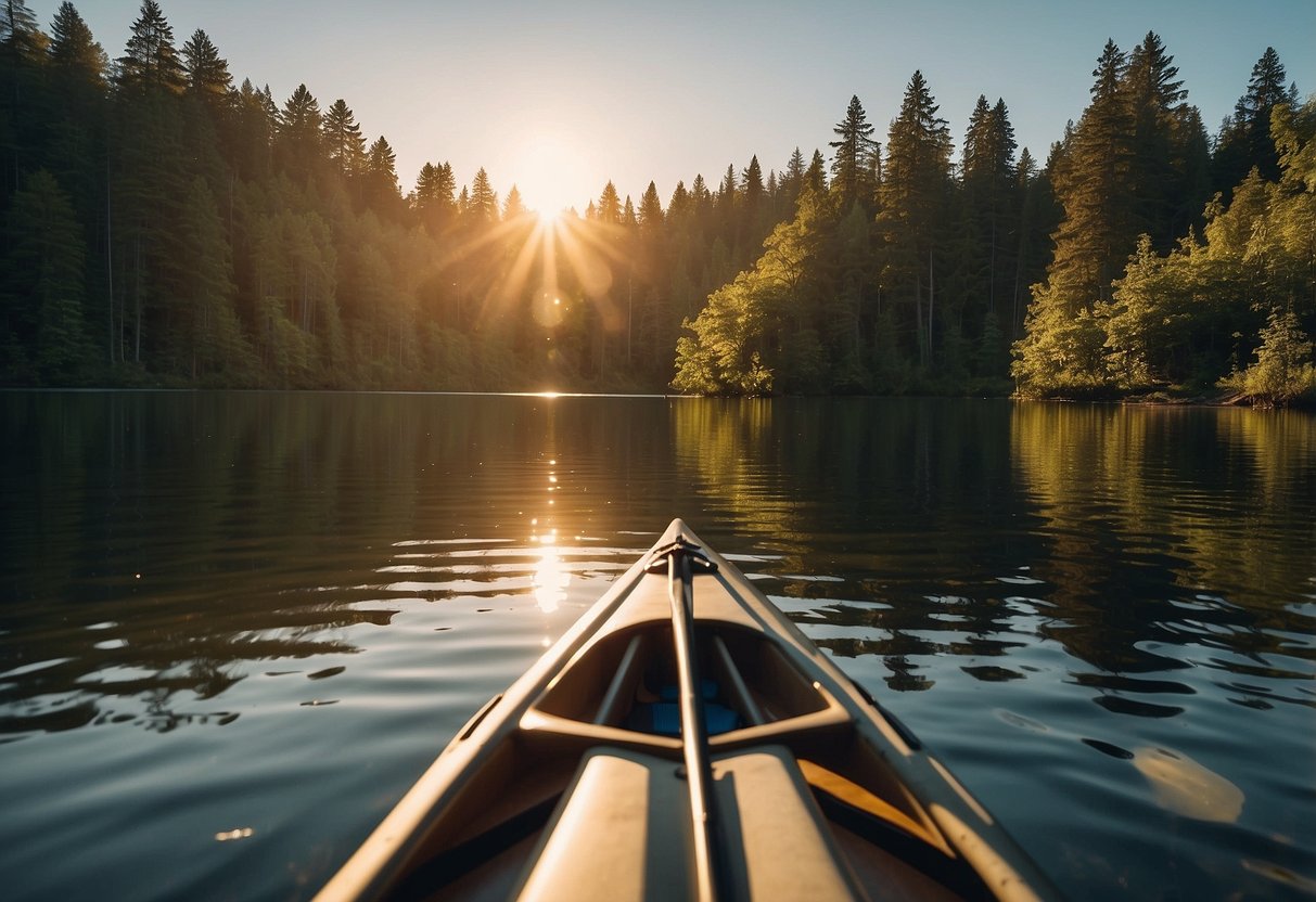 A serene lake surrounded by lush greenery, with a kayak and paddle resting on the shore. The sun is setting, casting a warm glow over the peaceful scene