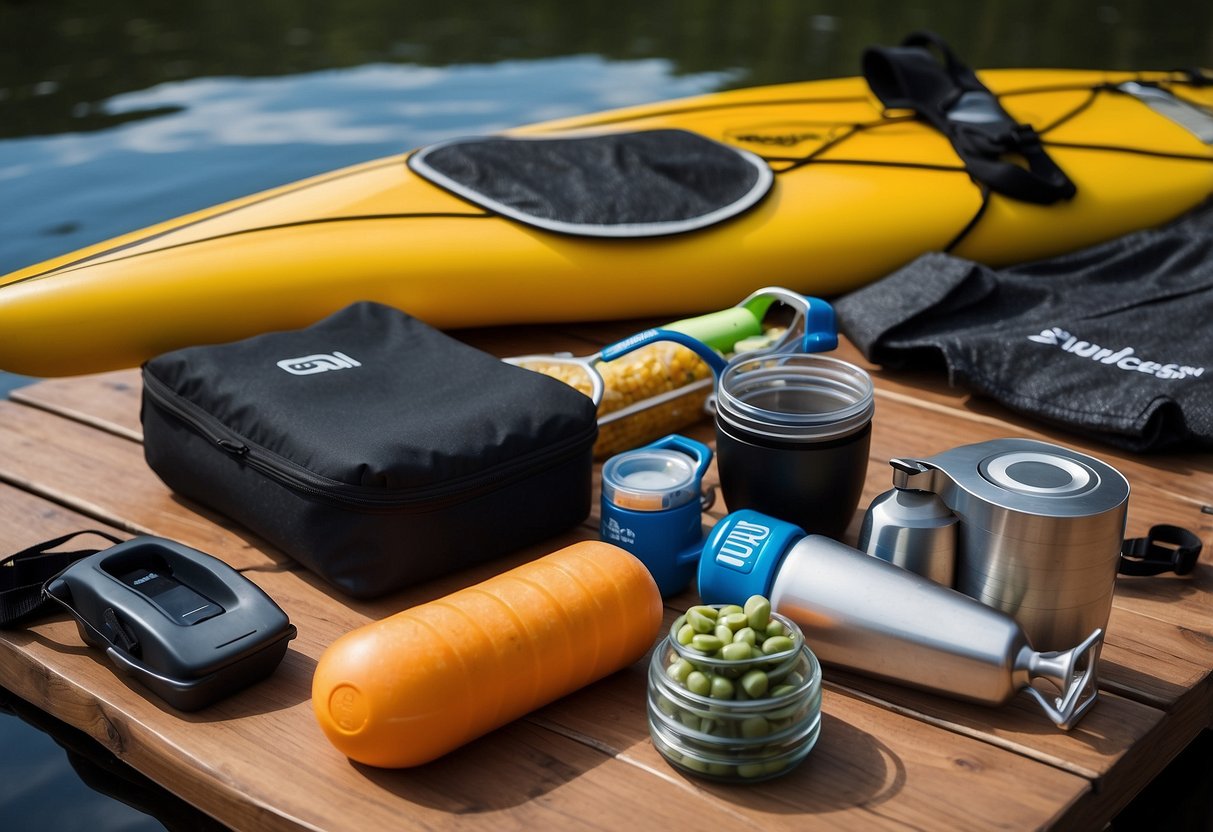 A paddler's gear laid out neatly: compression clothing, water bottle, foam roller, and recovery snacks on a clean, organized surface