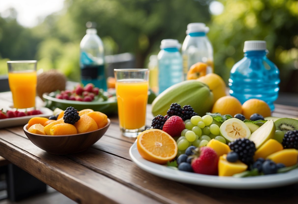 A table set with a variety of healthy foods and drinks, including fruits, vegetables, water, and electrolyte drinks. A paddle and life jacket are visible in the background