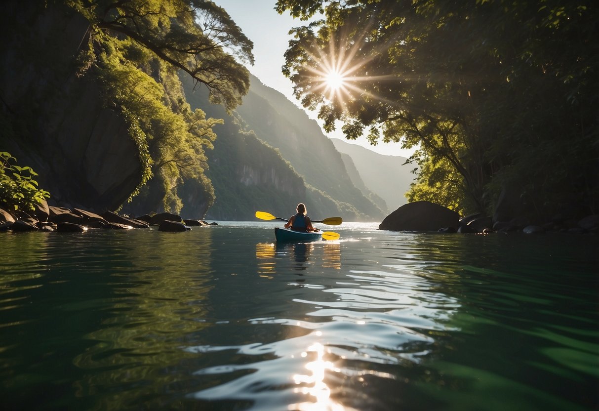 A kayak glides through calm waters, surrounded by lush greenery and towering cliffs. The sun shines brightly overhead, casting a warm glow on the paddler's journey