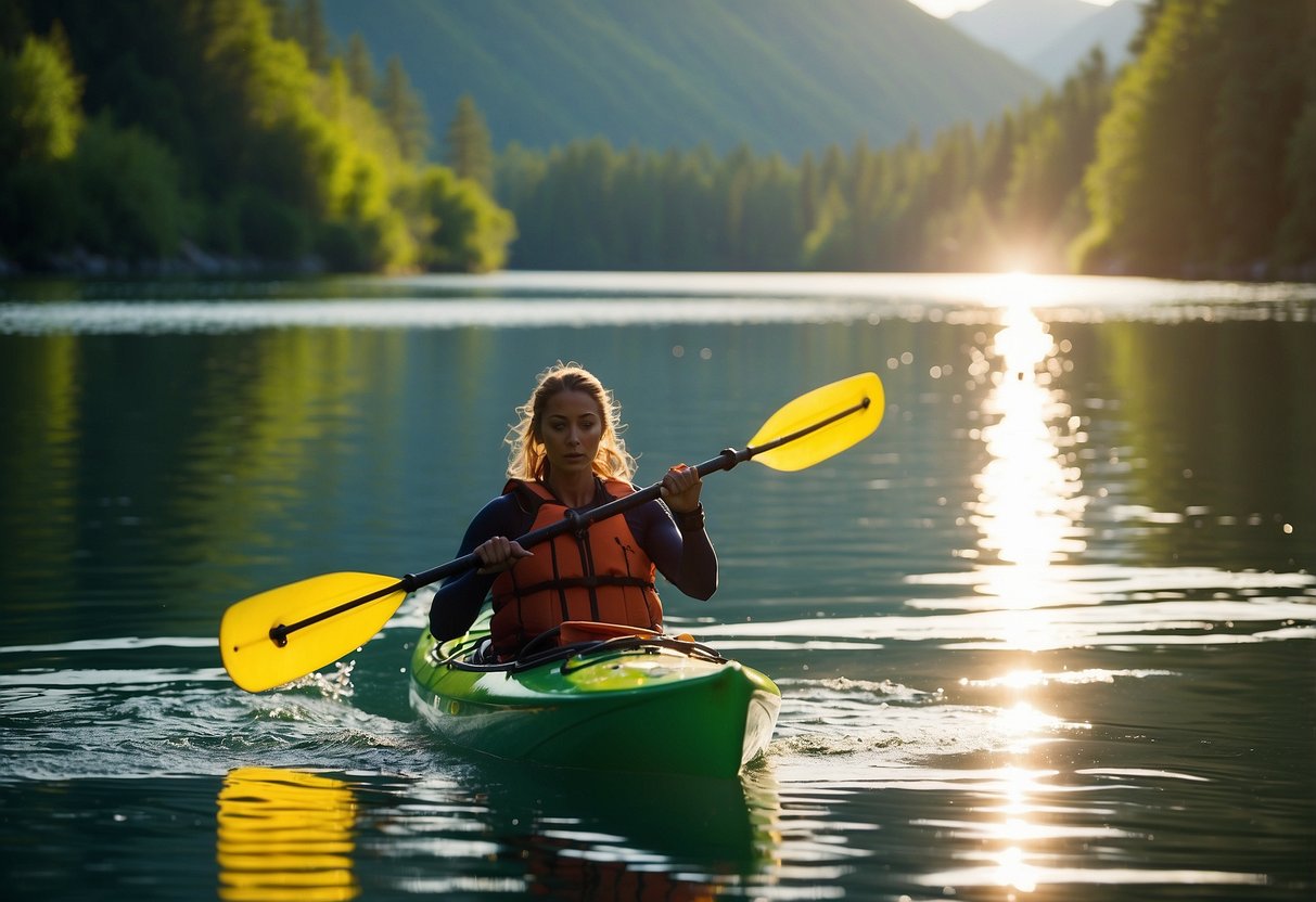 A kayaker paddles through calm waters, surrounded by lush greenery and distant mountains. The sun shines brightly overhead, casting a warm glow on the scene