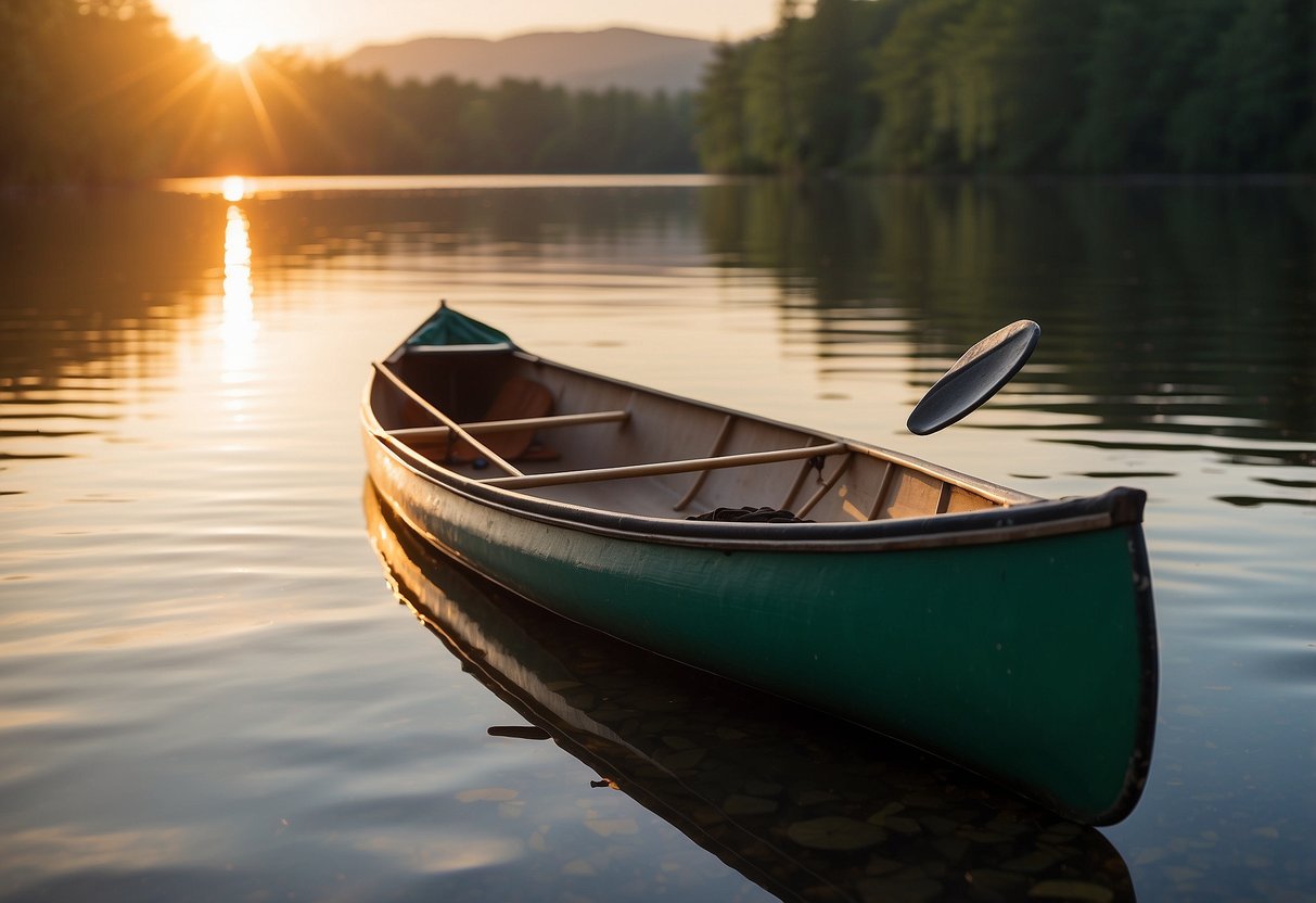 Two paddles resting on a canoe, with a map and water bottle nearby. The sun is setting over a calm lake, creating a peaceful and serene atmosphere