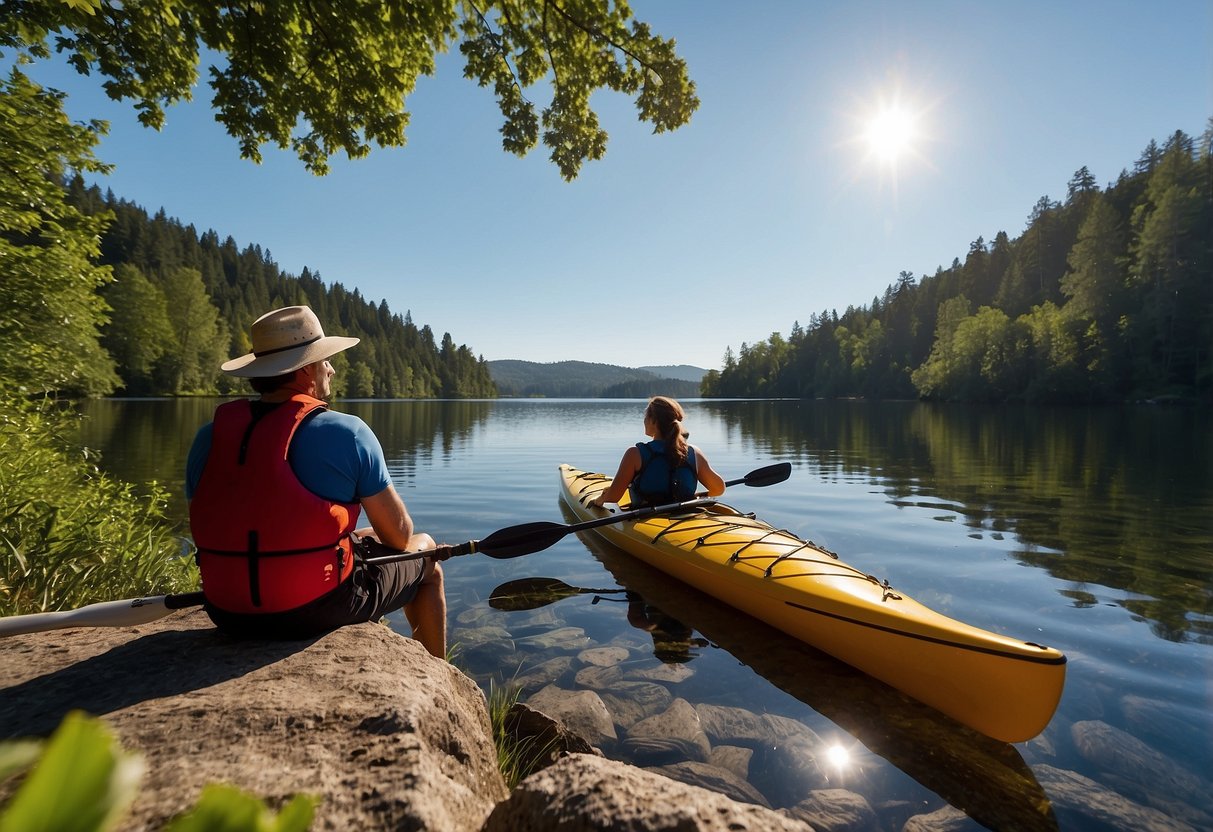 A kayaker taking a break on a calm lake, surrounded by lush greenery and a clear blue sky. The kayak is resting on the shore, and the paddler is enjoying a peaceful moment of relaxation