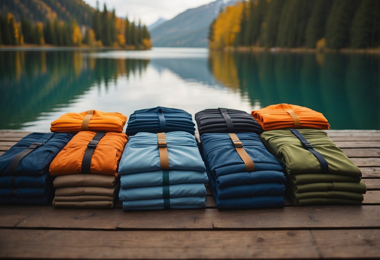 A group of paddling pants laid out neatly on a wooden dock, with a serene lake in the background. The pants are made of comfortable, quick-drying material and come in various colors and styles