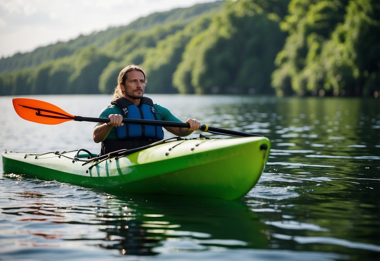 A kayak glides through calm waters, surrounded by lush greenery. The paddler wears NRS Endurance Pants, providing comfort and flexibility for a long day on the water