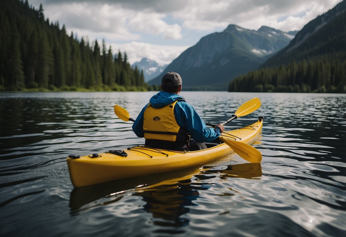 A kayaker sits in a sturdy kayak, wearing Stohlquist Storm Pants. The water is calm, surrounded by a beautiful natural landscape