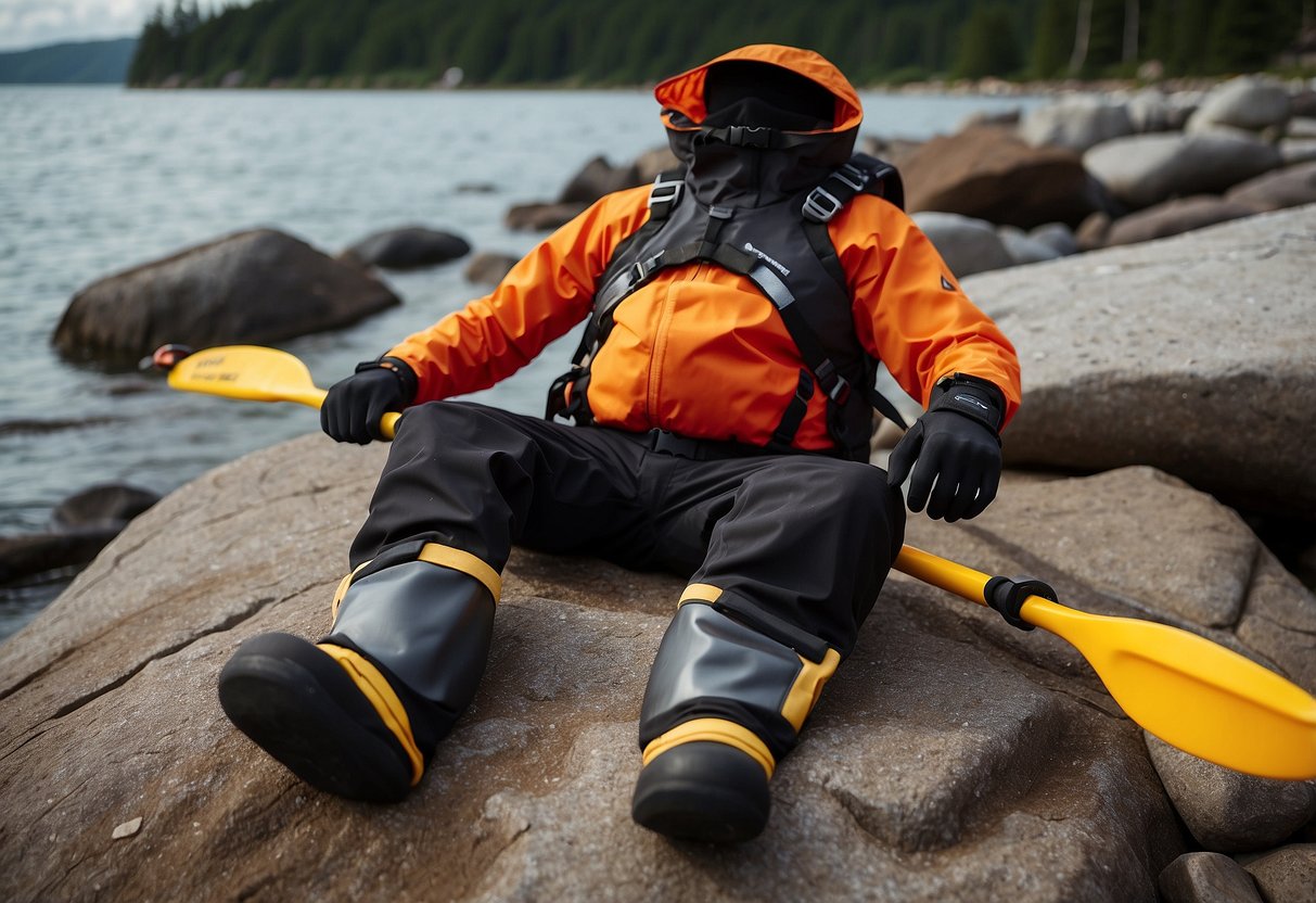 A pair of Level Six Emperor Drysuit Pants lays on a rocky shore, surrounded by paddles and other kayaking gear. The pants are sleek and black, with reinforced knees and adjustable waist straps for comfort