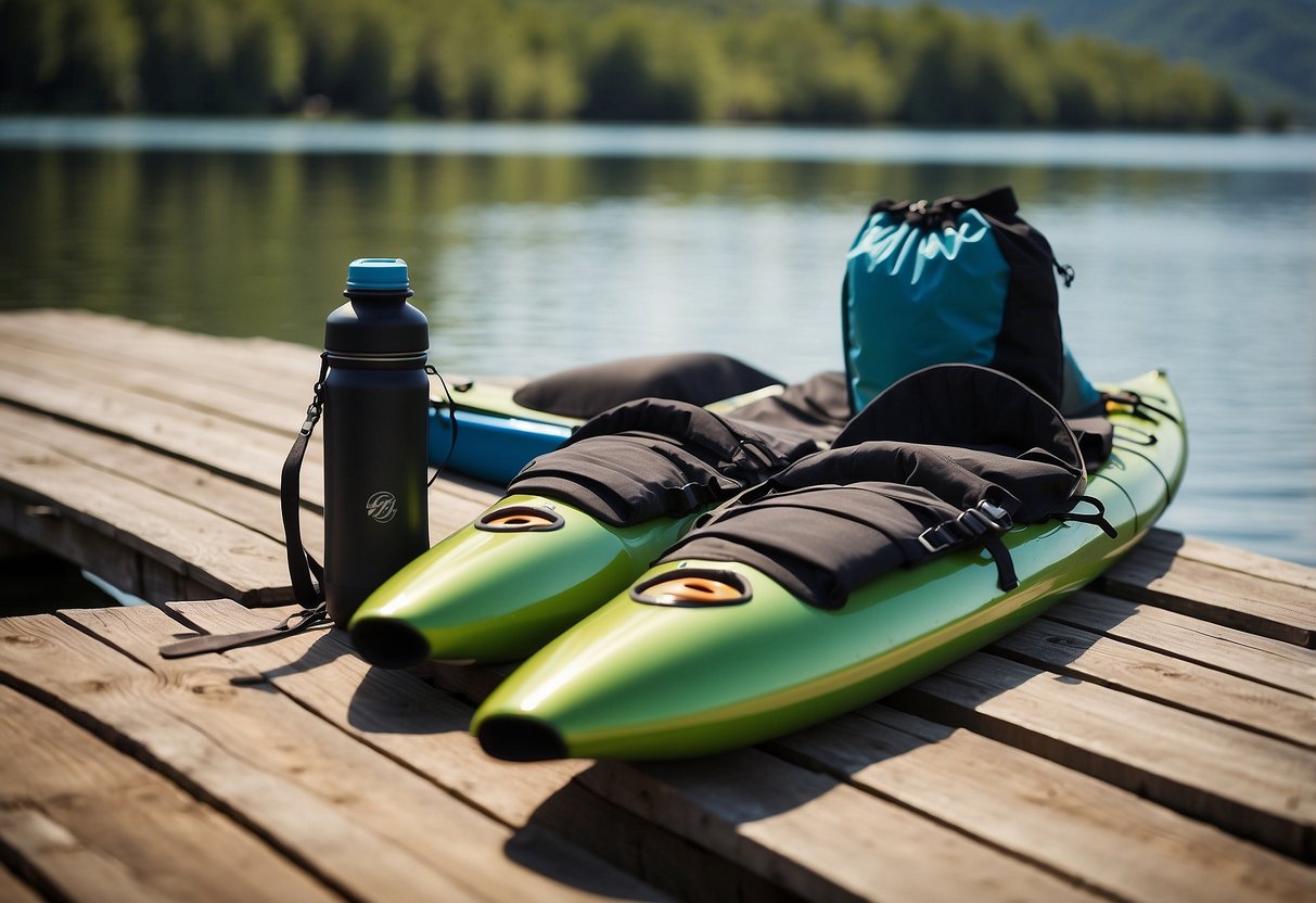 A pair of Palm Equipment Atom Pants laid out on a wooden dock next to a kayak paddle and a water bottle, with a serene river in the background