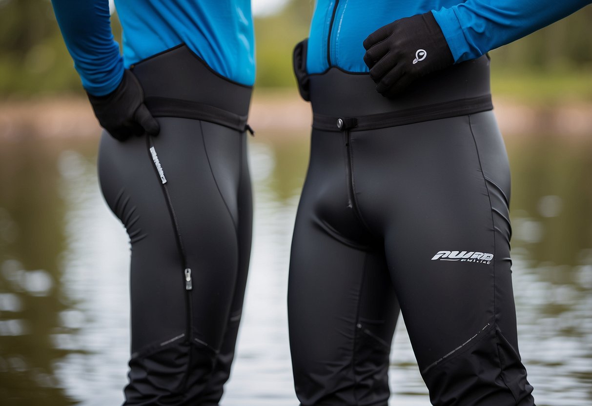 Paddling pants displayed with adjustable waistbands, waterproof material, reinforced knees, and breathable fabric for comfort and flexibility