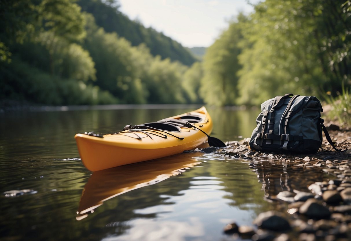 A riverbank with a kayak and paddling pants laid out for cleaning. Water droplets and a gentle breeze suggest recent use