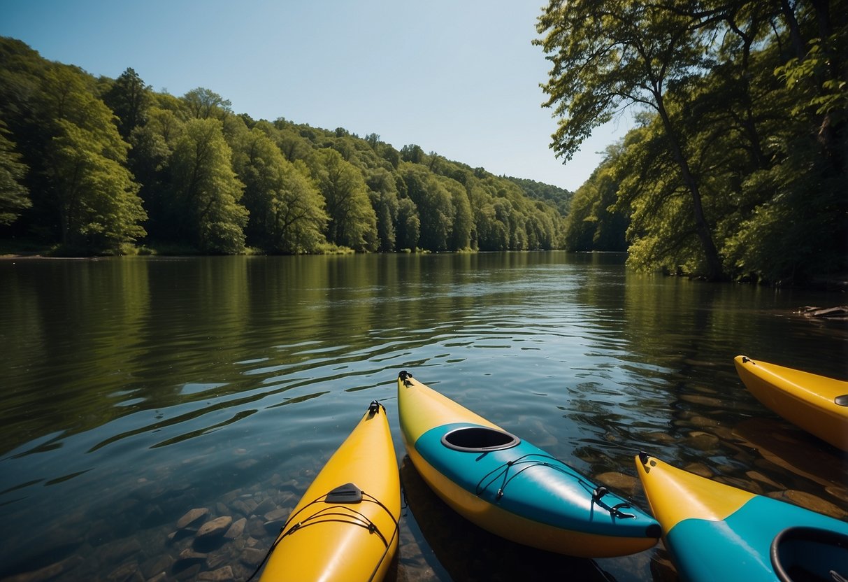 A serene river with kayaks and canoes gliding through calm waters, surrounded by lush green trees and a clear blue sky