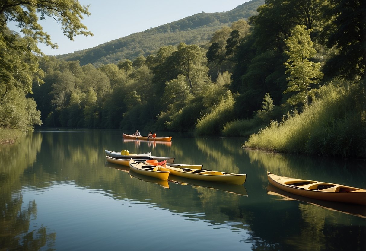 A serene river winding through lush greenery, with kayaks and canoes gliding peacefully on the water, surrounded by a tranquil natural landscape