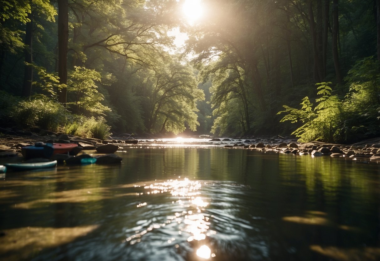 A serene river flows through a lush forest, with kayaks and canoes dotting the water. The sun shines through the trees, casting dappled light on the peaceful scene