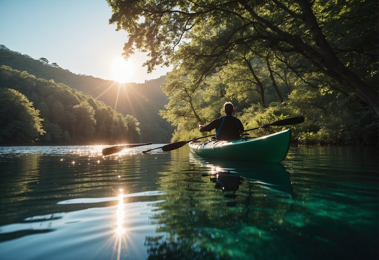 A kayak and canoe glide across calm waters, surrounded by lush greenery and a clear blue sky. The sun glistens on the water, creating a serene and peaceful atmosphere