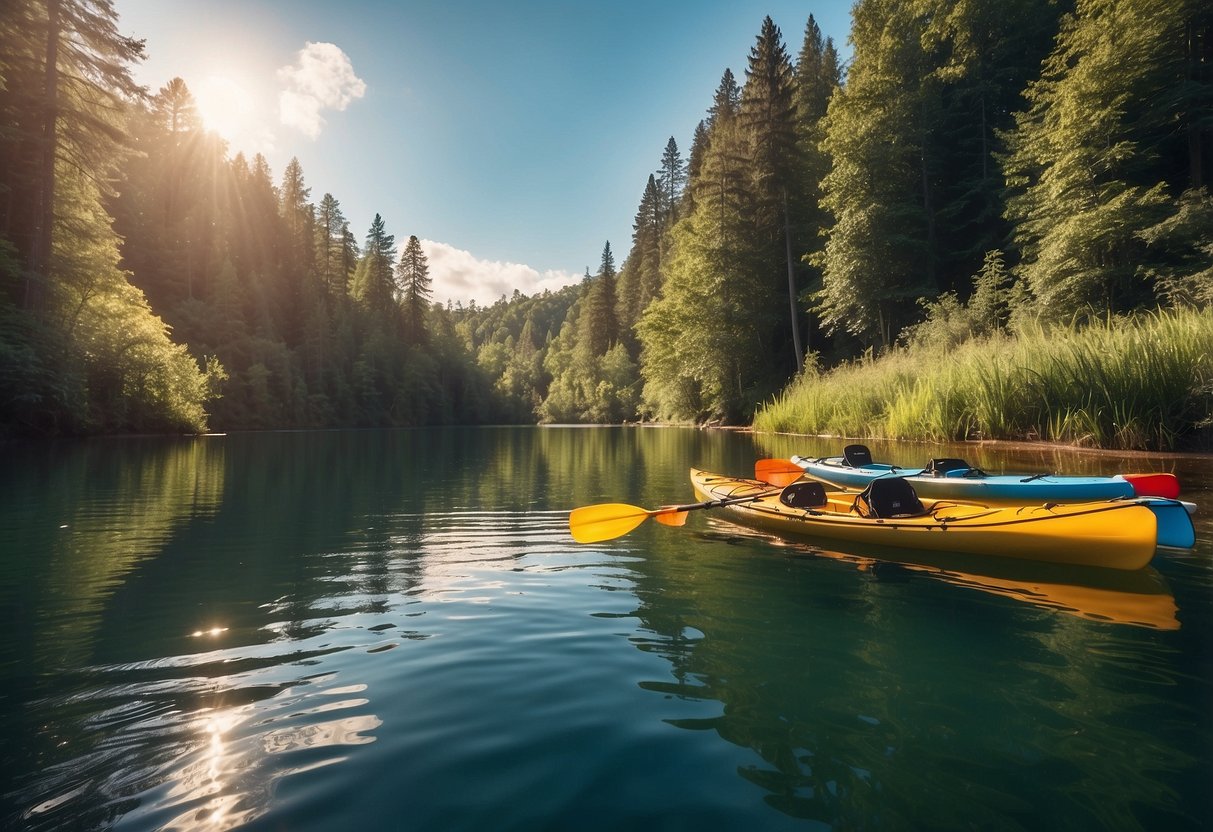 A tranquil river with kayaks and canoes gliding through calm waters, surrounded by lush greenery and clear blue skies. The Navionics Boating app is open on a smartphone, displaying useful navigational information