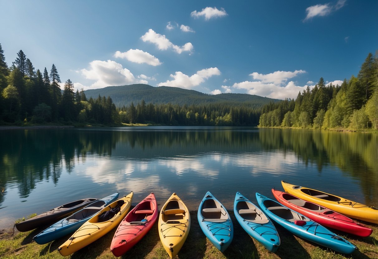 A serene lake with kayaks and canoes scattered along the shore, surrounded by lush greenery and calm waters, with a bright blue sky overhead