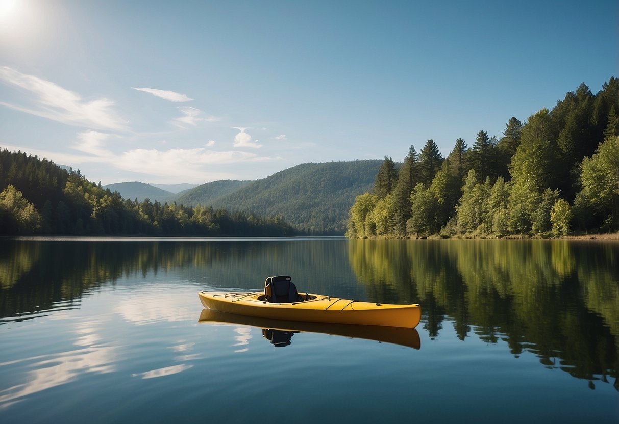 A serene lake surrounded by lush greenery, with a clear blue sky overhead. A kayak glides across the calm water, surrounded by the peaceful sounds of nature