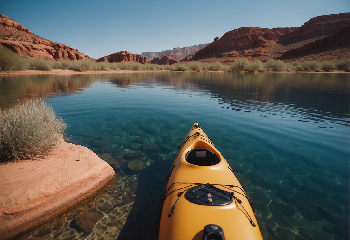 A calm, blue lake surrounded by red rock cliffs. A kayak glides across the water, with a clear view of the desert landscape in the background