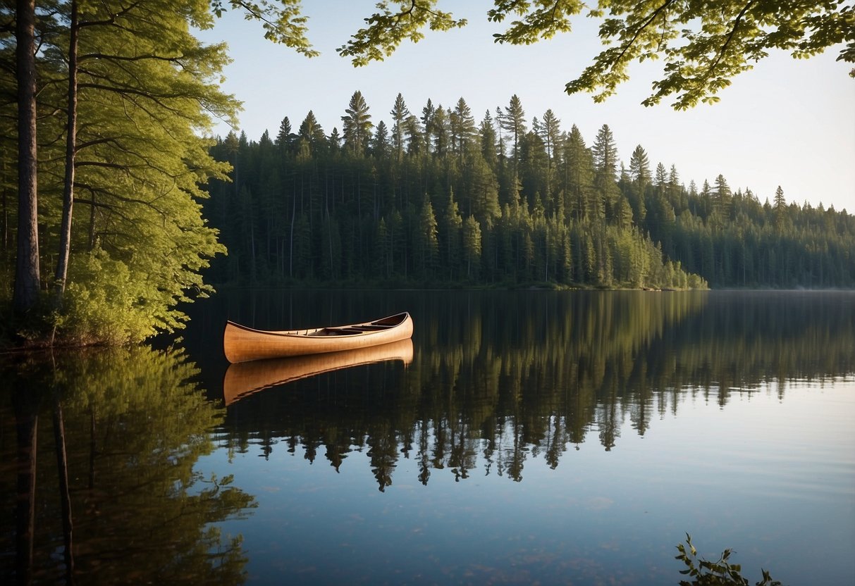 Lush green trees line the calm, glassy waters of Boundary Waters, Minnesota. A lone canoe glides peacefully through the serene landscape, surrounded by the beauty of nature