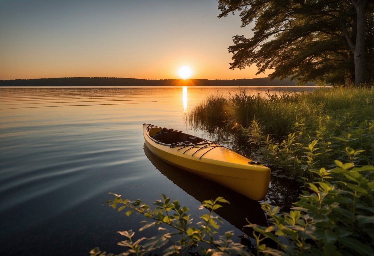 The sun sets over calm waters, reflecting the vibrant hues of the sky. A lone kayak glides through the peaceful Chesapeake Bay, surrounded by lush greenery and the occasional sailboat in the distance