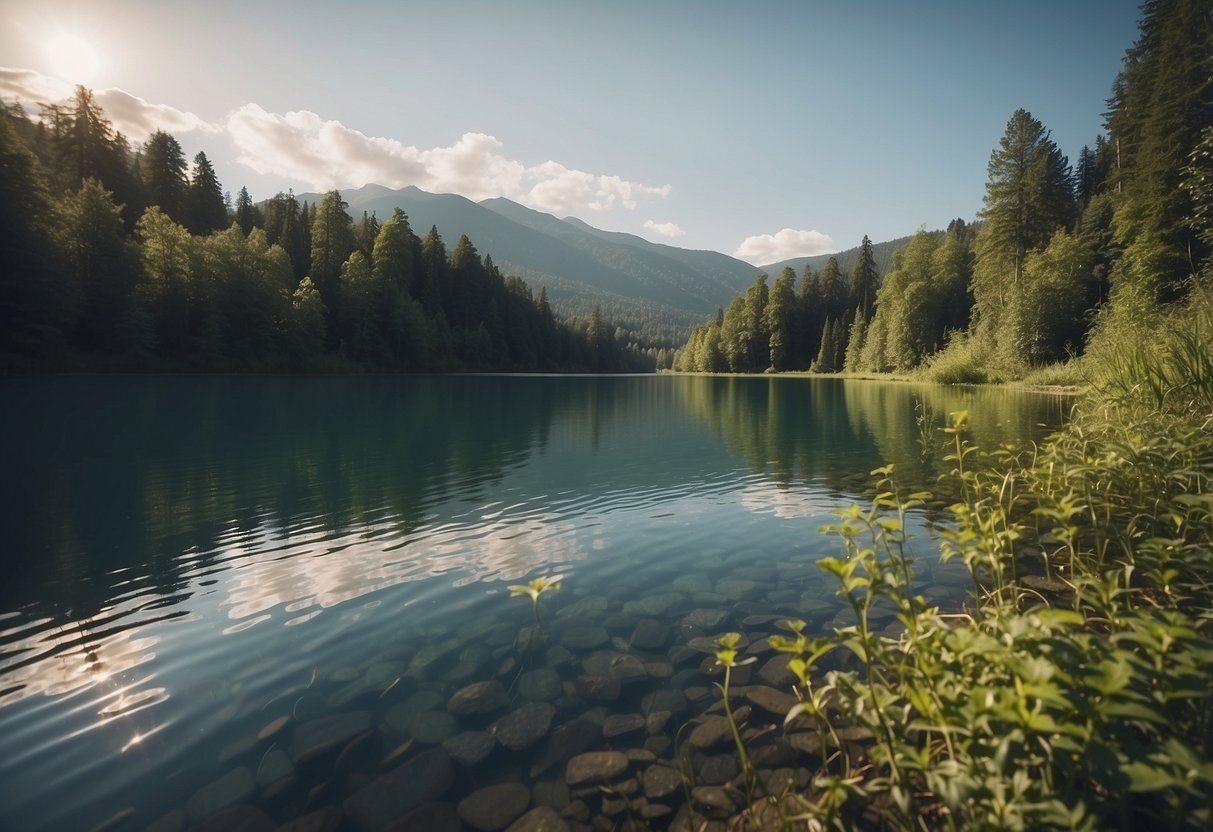 A serene lake surrounded by lush greenery, with a calm and smooth surface perfect for paddling. A gentle stream flows into the lake, providing opportunities for both tranquil and more adventurous paddling experiences