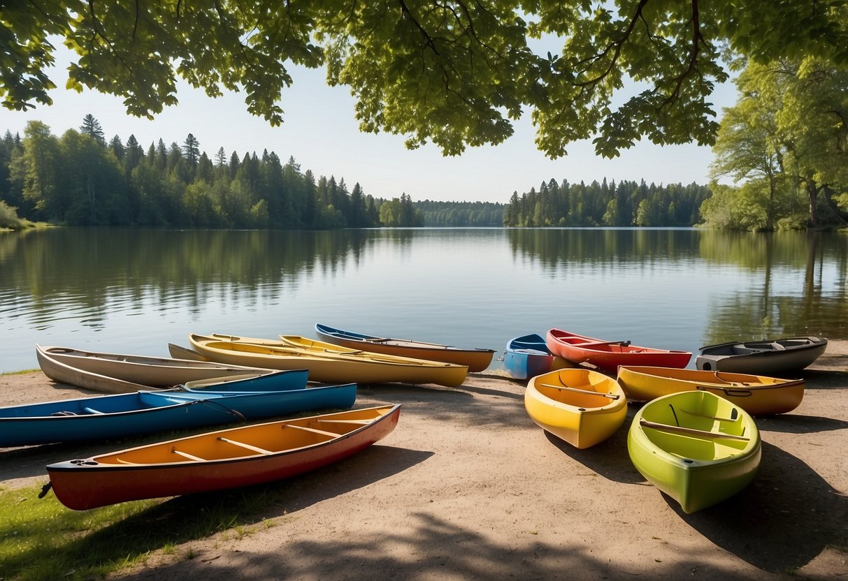 A serene lake surrounded by lush greenery, with a dock and accessible amenities such as picnic areas and restrooms. Canoes and kayaks are available for rent, and the water is calm and inviting for paddling