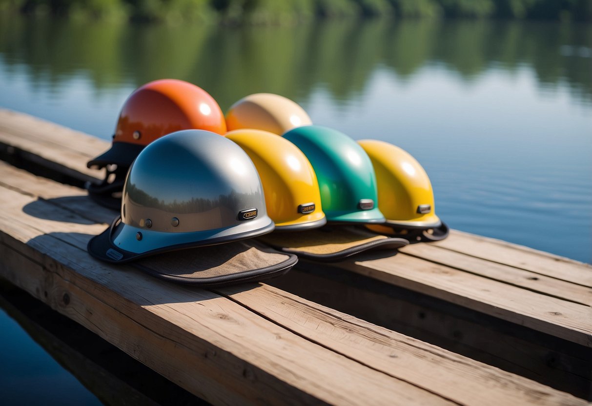 Five sleek paddling helmets in vibrant colors, resting on a wooden dock with a calm lake in the background