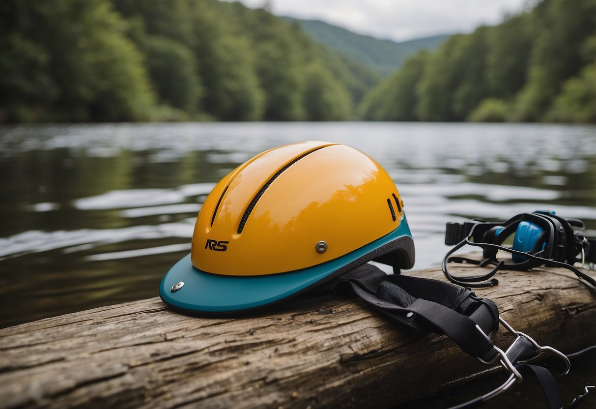 A woman's lightweight paddling helmet, the NRS Chaos Side Cut, sits on a riverbank surrounded by kayaking gear and a serene natural landscape