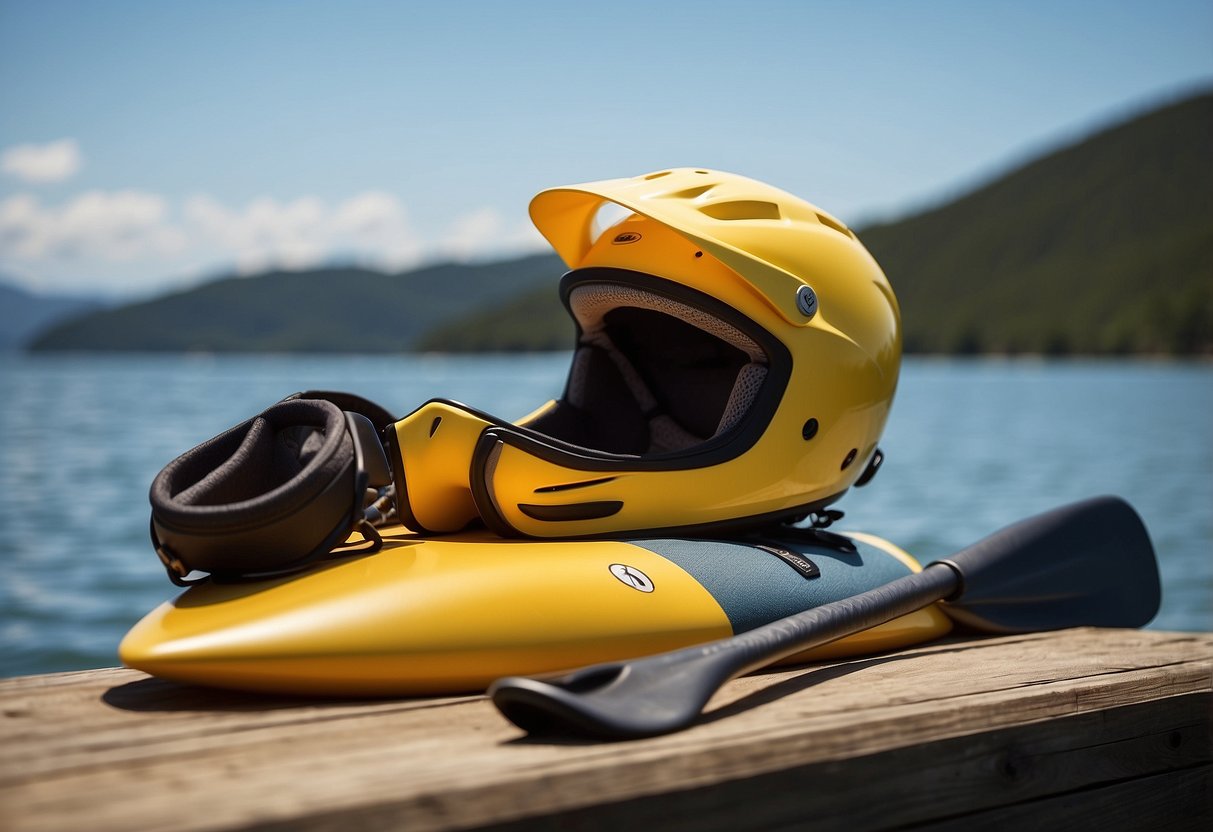 A woman's lightweight paddling helmet, the WRSI Trident Composite, sits on a wooden dock next to a kayak paddle and a life jacket, ready for a day of adventure on the water