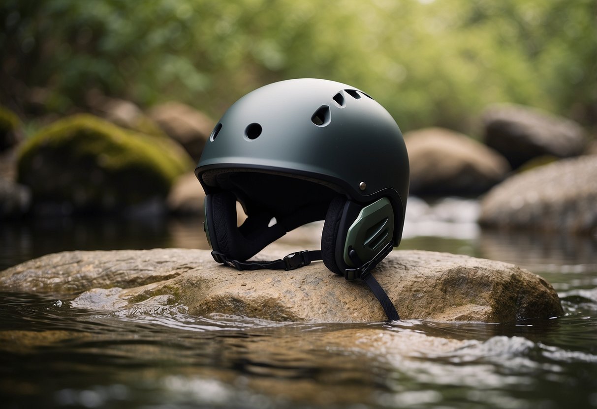 A woman's paddle helmet sits on a rocky shore, surrounded by water and lush greenery. The Sweet Protection Wanderer Helmet is depicted in a lightweight, sleek design, perfect for female paddlers