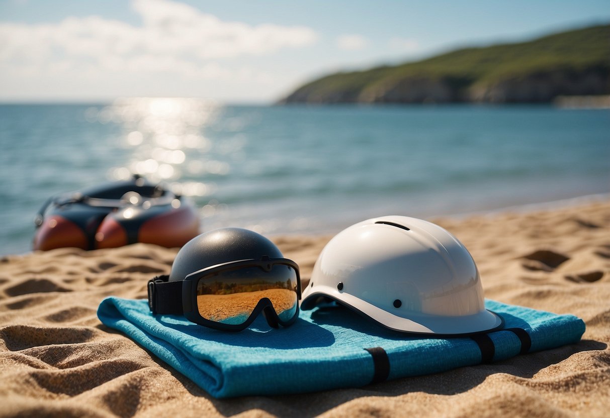 A woman's lightweight paddling helmet sits on a beach towel next to a kayak, with the ocean and a bright blue sky in the background